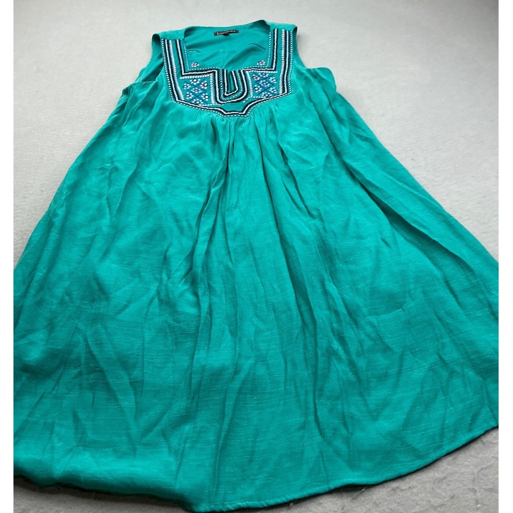 Luxology Teal Sleeveless Dress Embroidered Bib Sequin Floral Size 8 Boho Mini